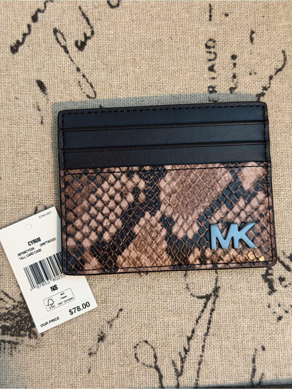 NWT Michael Kors Brown Snake-Print Leather Card Case